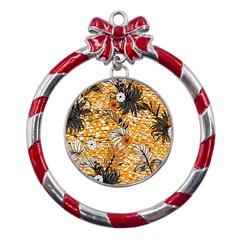 Leaf Yellow Point Flower White Metal Red Ribbon Round Ornament by Grandong