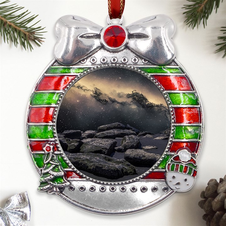 Stellar Dreamscape (AI&Human) Metal X Mas Ribbon With Red Crystal Round Ornament