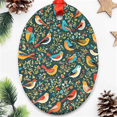 Birds Pattern Flowers Whimsical Oval Ornament (two Sides)