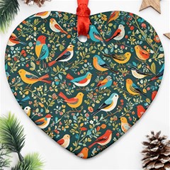 Birds Pattern Flowers Whimsical Heart Ornament (two Sides)