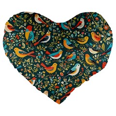 Birds Pattern Flowers Whimsical Large 19  Premium Heart Shape Cushions by Salmanaz77