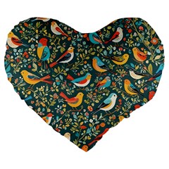 Birds Pattern Flowers Whimsical Large 19  Premium Flano Heart Shape Cushions by Salmanaz77