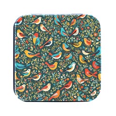 Birds Pattern Flowers Whimsical Square Metal Box (black)