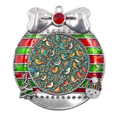 Birds Pattern Flowers Whimsical Metal X mas Ribbon With Red Crystal Round Ornament by Salmanaz77