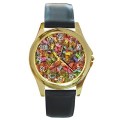 Echinopsis Terscheckii Cactus Motif Random Colored Pattern Round Gold Metal Watch