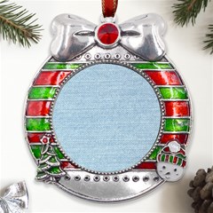 Blue Denim Texture, Macro Metal X mas Ribbon With Red Crystal Round Ornament by kyorashop23