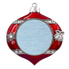 Blue Denim Texture, Macro Metal Snowflake And Bell Red Ornament