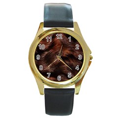 Brown Wool Texture Round Gold Metal Watch by kyorashop23