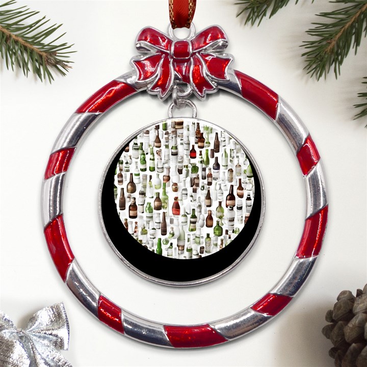 Bottle Chic Print Patterns Metal Red Ribbon Round Ornament