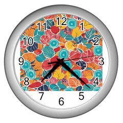 Floral And Leaves Pattern Wall Clock (silver) by BellaVistaTshirt02