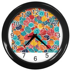 Floral And Leaves Pattern Wall Clock (black) by BellaVistaTshirt02