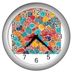 floral and leaves pattern Wall Clock (Silver) Front