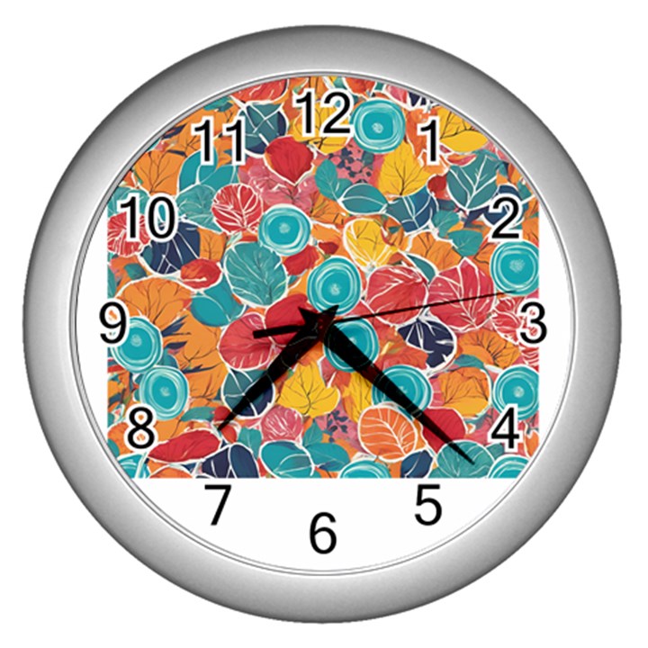 floral and leaves pattern Wall Clock (Silver)