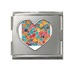 Floral And Leaves Pattern Mega Link Heart Italian Charm (18mm)