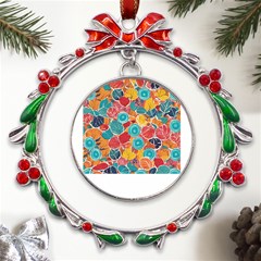 Floral And Leaves Pattern Metal X mas Wreath Ribbon Ornament