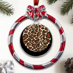 Giraffe Texture, Macro Metal Red Ribbon Round Ornament by kyorashop23