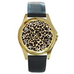 Jaguar Skin Texture, Jaguar Wool Texture, Yellow Round Gold Metal Watch by kyorashop23