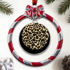 Jaguar Skin Texture, Jaguar Wool Texture, Yellow Metal Red Ribbon Round Ornament by kyorashop23