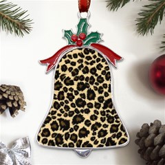 Jaguar Skin Texture, Jaguar Wool Texture, Yellow Metal Holly Leaf Bell Ornament by kyorashop23