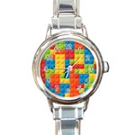 Lego Bricks, Colorful Dots Background Round Italian Charm Watch Front