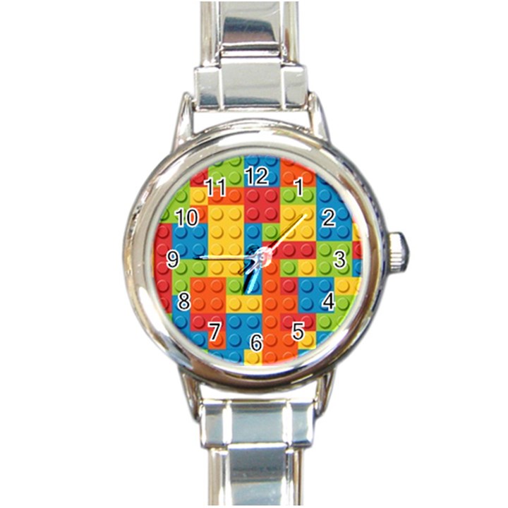 Lego Bricks, Colorful Dots Background Round Italian Charm Watch