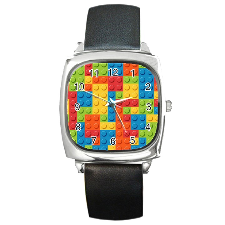 Lego Bricks, Colorful Dots Background Square Metal Watch