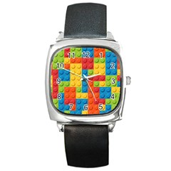 Lego Bricks, Colorful Dots Background Square Metal Watch by kyorashop23