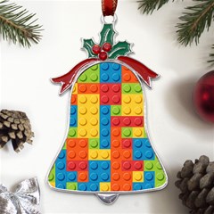 Lego Bricks, Colorful Dots Background Metal Holly Leaf Bell Ornament