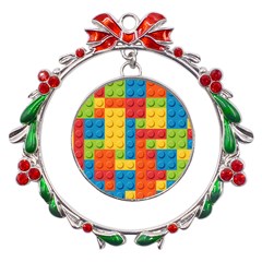 Lego Bricks, Colorful Dots Background Metal X mas Wreath Ribbon Ornament