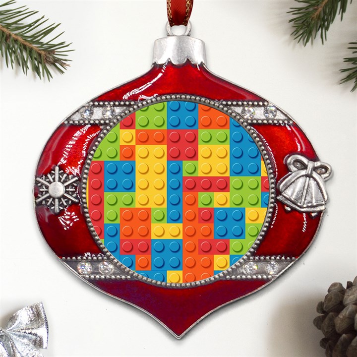 Lego Bricks, Colorful Dots Background Metal Snowflake And Bell Red Ornament