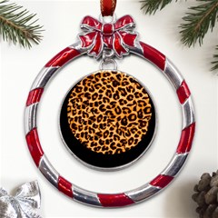 Leopard Skin Texture Macro, Brown Metal Red Ribbon Round Ornament by kyorashop23