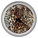 Leopard Skin Texture, Macro, Brown Wall Clock (Silver) Front