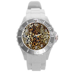 Leopard Skin Texture, Macro, Brown Round Plastic Sport Watch (l) by kyorashop23