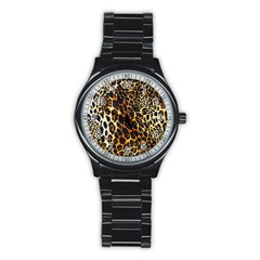 Leopard Skin Texture, Macro, Brown Stainless Steel Round Watch by kyorashop23