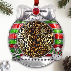 Leopard Skin Texture, Macro, Brown Metal X mas Ribbon With Red Crystal Round Ornament by kyorashop23