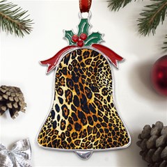 Leopard Skin Texture, Macro, Brown Metal Holly Leaf Bell Ornament