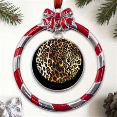 Leopard Skin Texture, Macro, Brown Metal Red Ribbon Round Ornament by kyorashop23