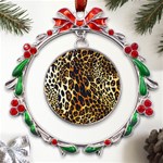 Leopard Skin Texture, Macro, Brown Metal X mas Wreath Ribbon Ornament Front