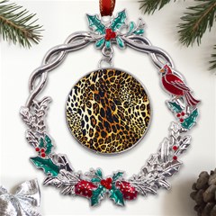 Leopard Skin Texture, Macro, Brown Metal X mas Wreath Holly Leaf Ornament by kyorashop23