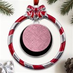 Pink Fabric Texture, Knitted Pink Texture, Metal Red Ribbon Round Ornament Front