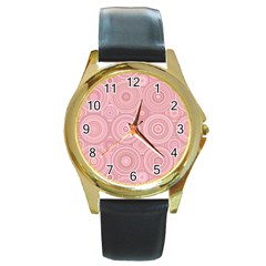 Pink Retro Texture With Circles, Retro Circles Background, Round Gold Metal Watch by kyorashop23