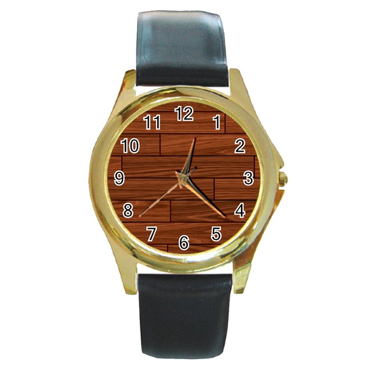 Seamless Wooden Planks Brown Wooden Background Round Gold Metal Watch