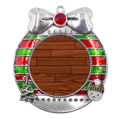 Seamless Wooden Planks Brown Wooden Background Metal X mas Ribbon With Red Crystal Round Ornament by kyorashop23