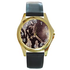 Snake Skin, Reptile Skin, Snake Skin Textures, Brown Snake Round Gold Metal Watch by kyorashop23