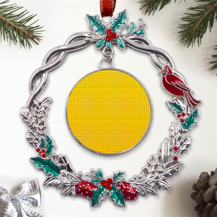 Yellow Lego Texture, Macro, Yellow Dots Background Metal X mas Wreath Holly leaf Ornament