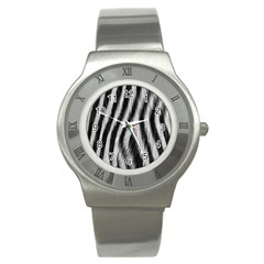 Zebra Texture, Zebra Wool, White Black Background Stainless Steel Watch