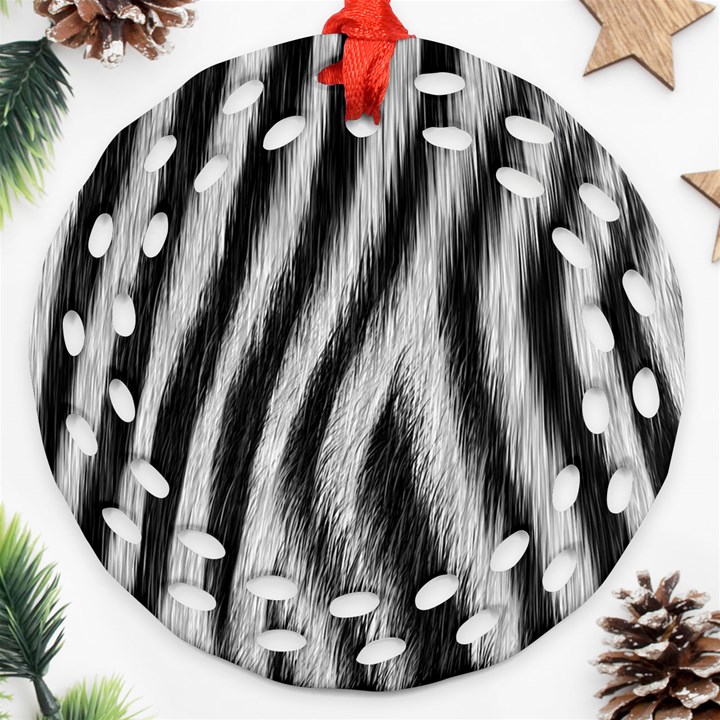 Zebra Texture, Zebra Wool, White Black Background Round Filigree Ornament (Two Sides)