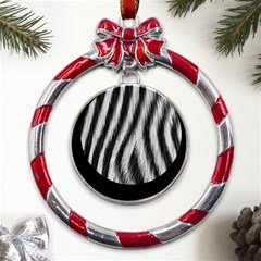 Zebra Texture, Zebra Wool, White Black Background Metal Red Ribbon Round Ornament by kyorashop23