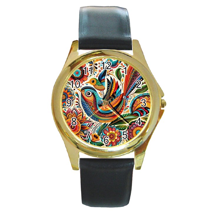 Madhubani Art A Round Gold Metal Watch