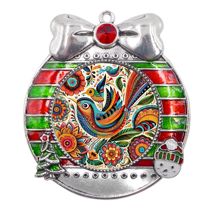 Madhubani Art A Metal X Mas Ribbon With Red Crystal Round Ornament